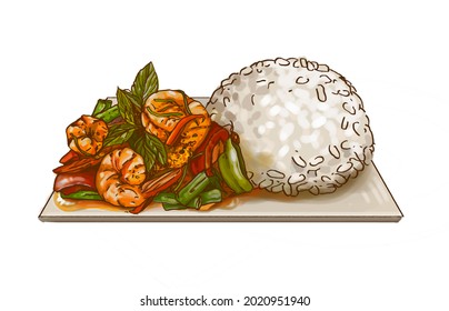 Stir Fried Shrimp In Spicy Curry Paste Served With Rice