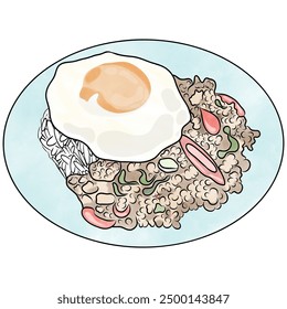 Stir-fried basil with pork and fried egg topped on Rice.Thai food.Hand drawn,Creative with illustration in flat design,watercolor. - Powered by Shutterstock