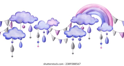 A stitched rainbow with clouds and raindrops hanging from ropes in blue, purple and pink. Childish cute hand drawn watercolor illustration. Seamless border on a white background