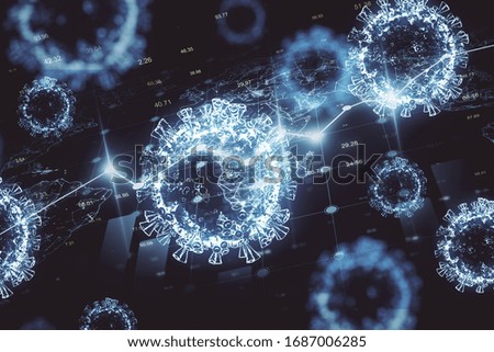 Stock chart with candlestick graph and blue virus bacteria coronavirus 2019-nCov. Trade and Coronavirus helath crisis concept. 3D Rendering