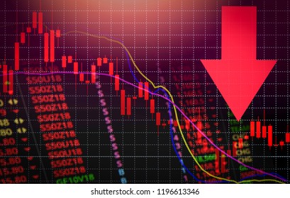 Stock crisis red price drop arrow down chart fall / Stock market exchange analysis or forex graph business and finance money losing moving economic inflation deflation investment loss crash