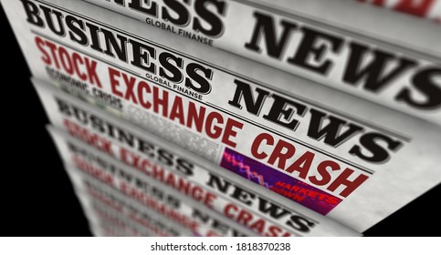 Stock Exchange Crash Business News. Daily Newspaper Print. Vintage Paper Media Press Production Abstract Concept. Retro Style 3d Rendering Illustration. Economic Crisis And Market Collapse Concept.