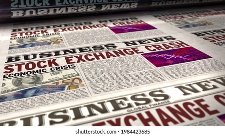 Stock Exchange Crash Business News. Daily Newspaper Print. Vintage Paper Media Press Production Abstract Concept. Retro Style 3d Rendering Illustration. Economic Crisis And Market Collapse Concept.