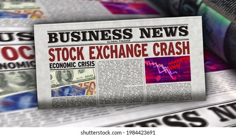 Stock Exchange Crash Business News. Daily Newspaper Print. Vintage Paper Media Press Production Abstract Concept. Retro Style 3d Rendering Illustration. Economic Crisis And Market Collapse Concept.