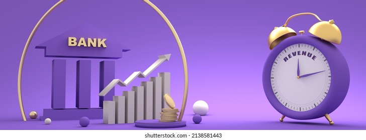 Stock Exchange Graph And Symbol Of Bank Building. Finance Management Concept. Alarm Clock With Revenue Text. 3D Render