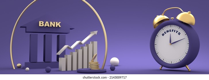 Stock Exchange Graph And Symbol Of Bank Building. Finance Management Concept. Alarm Clock With Benefits Text. 3D Render