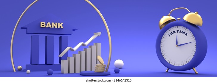 Stock Exchange Graph And Symbol Of Bank Building. Finance Management Concept. Alarm Clock With Tax Time Text. 3D Render