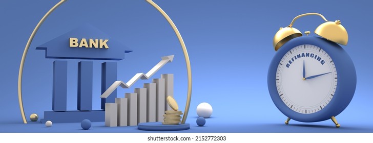 Stock Exchange Graph And Symbol Of Bank Building. Finance Management Concept. Alarm Clock With Refinancing Text. 3D Render