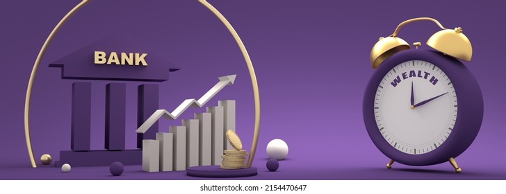 Stock Exchange Graph And Symbol Of Bank Building. Finance Management Concept. Alarm Clock With Wealth Text. 3D Render