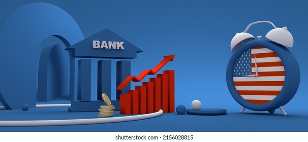 Stock Exchange Graph And Symbol Of Bank Building. Finance Management Concept. Alarm Clock With National Flag Of USA. 3D Render