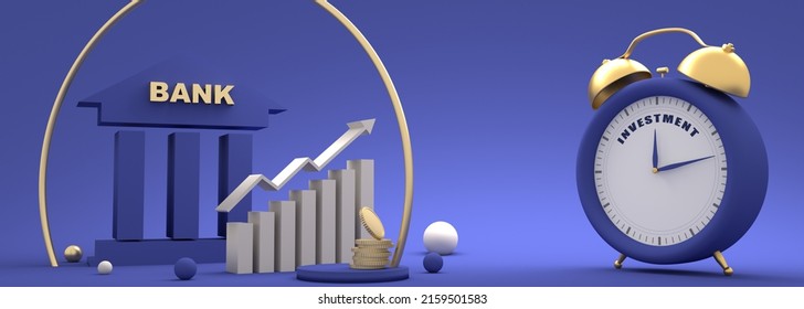 Stock Exchange Graph And Symbol Of Bank Building. Finance Management Concept. Alarm Clock With Investment Text. 3D Render