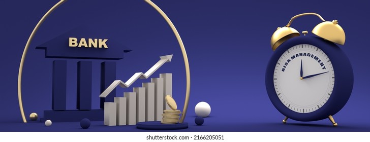 Stock Exchange Graph And Symbol Of Bank Building. Finance Management Concept. Alarm Clock With Risk Management Text. 3D Render