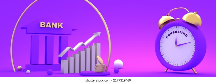 Stock Exchange Graph And Symbol Of Bank Building. Finance Management Concept. Alarm Clock With Consulting Text. 3D Render