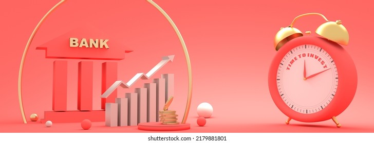 Stock Exchange Graph And Symbol Of Bank Building. Finance Management Concept. Alarm Clock With Time To Invest Text. 3D Render