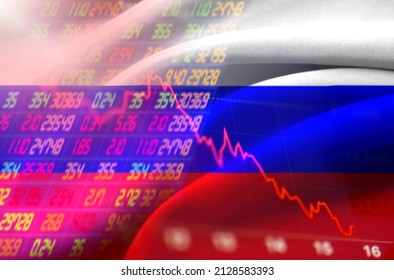 Stock exchange market business concept with selective focus effect. Display of Stock market quotes. Red numbers Downtrend line graph with Russian flag.