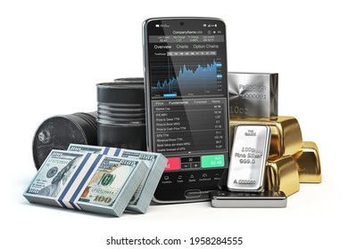 Stock exchange market trading platform on the screen of mobile phone. Smartphone with precious metals, money and crude oil. 3d illustration