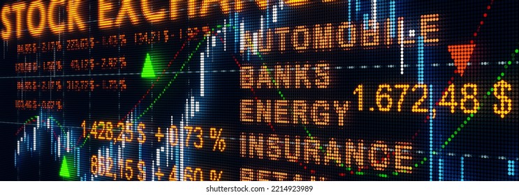 Stock Exchange Monitor With Financial Data. Abstract Traiding Screen With Financial Figures, Charts, Lines, Numbers, Sector And Bunsiness Data. Stock Market And Exchange Concept. 3D Illustration