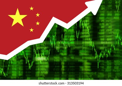 Stock Exchange Shares Up Green Screen With Flag Of China. Arrow Graph Going Up Stock Data Diagram Ideas Concept Design