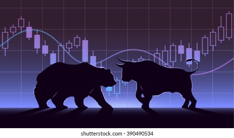 Stock Exchange Trading Banner. The Bulls And Bears Struggle. Equity Market Concept Illustration. Modern Flat Design.