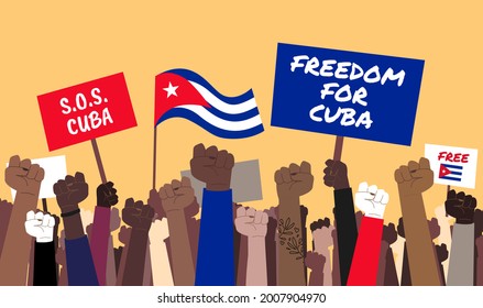 Stock Illustration Of Crowd Of Cuban People With Raised Fists Protesting Against The Government. Protests In Cuba Fighting For Freedom And Democracy