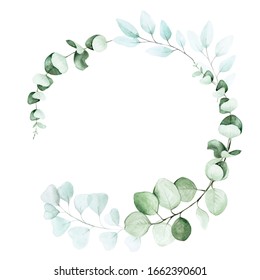 
Stock Illustration Watercolor Drawing. Round Frame Of Eucalyptus Leaves. Graphic Design Element For Weddings, Cards, Decoration.