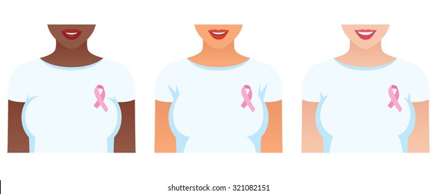 Stock illustration of a woman activist community awareness of breast cancer/Girls with pink ribbons on their shirts/Stock illustration - Powered by Shutterstock