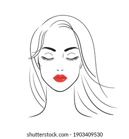 Stock illustration,hand drawing,sketch.Beautiful young woman with red lips,long hair, eyelash extensions.Female Head,full face.