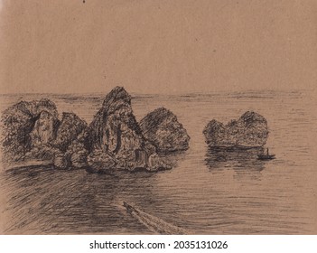 Stock Ink Pen Illustration With Thai Islands. South East Asian Landscape Drawing On Vintage Paper. Serene Nature Background For Meditation, Travel Banner, Card.  Calm Sea And Mountains In Thailand.