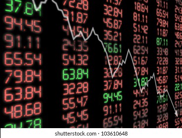 Stock Market - Arrow Aiming Down On Display With Red And Green Figures