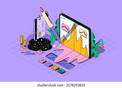 Stock Market Concept 3d Isometric Outline Web Design. Trading On Stock Exchange, Analysis Of Financial Statistics, Investment Strategy. Web Illustration With Abstract Line People Composition