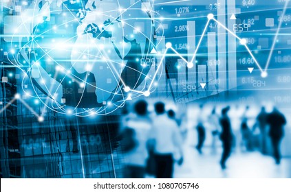 Stock market concept design of digital global business network connection and people walking in the city with graph
