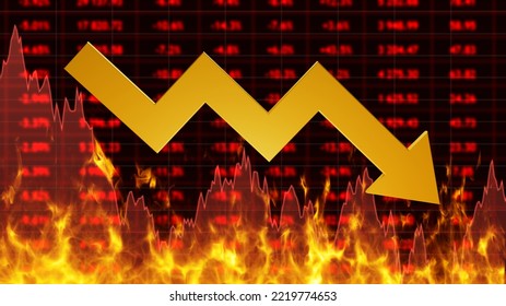 Stock Market Crash Bear Market Concept. Submitting Chart Before Quotes. Fire Symbolizes Collapse Of Company. Flames With Red Quotes. Collapse Of Quotations In Financial Market. 3d Image.