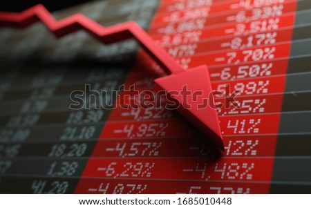 Stock market crash and panic, financial losses, economic recession concept. Red arrow over negative financial figures. Digital 3D render. [[stock_photo]] © 