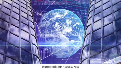 Stock market data processing over globe and tall buildings against blue background. global finance and business concept