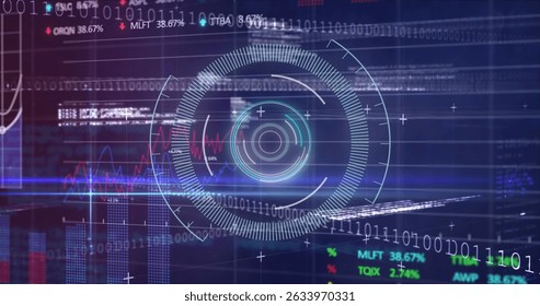 Stock market data processing over neon round scanner and data processing against blue background. Business technology concept