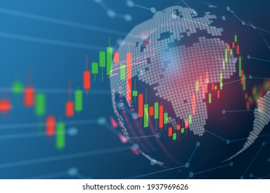 Stock market or forex trading graph with map world representing the global network line wire frame data business concept banner with red light on blue background