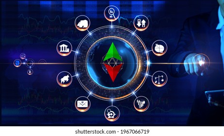 Stock Market Icon Rotating Wheel Concept Rotating Wheel With Icon Surrounded By City And World Map Center And Spoke Concept