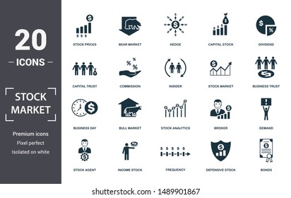 Stock Market icon set. Contain filled flat bear market, stock market, prices, stock agent, business day, capital stock, commission icons. Editable format.
