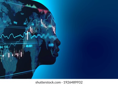 Stock market machine learning concept with head silhouette and financhial chart inside. Double exposure. 3D rendering