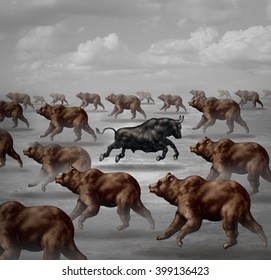 Stock market positive forecast financial concept and contrarian individual financial symbol as a bull running in the opposite direction of a group of bears as a 3D illustration  invest trend symbol.