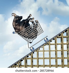 Stock Market Rise Financial Success Concept As A Bull In A Shopping Cart Going Up On A Roller Coaster Structure As An Investment Metaphor And Symbol For Positive And Aggressive Sentiment.