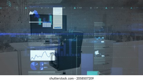 Stock market and statistical data processing against empty office in background. global finance and business concept