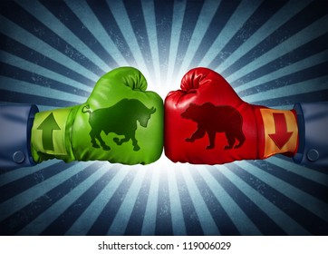 Stock Market Trading Business Concept With Two Boxing Gloves With Arrows Going Up And Down With Bull And Bear Icon Stitched To The Glove As Investment And Financial Success With Radial Background.