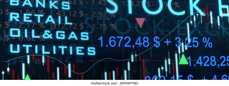 Stock Market Trading Screen With Sector Names Like Banks, Retail Or Oil And Gas And Quotes, Lines And Charts. 3D Illustration