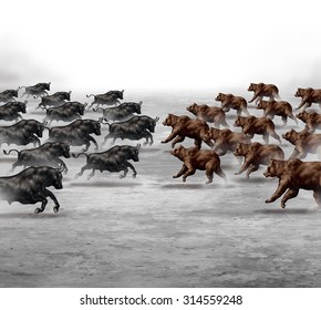 Stock Market Trend Business Concept And Financial Prediction Uncertainty Symbol As A Heard Of Bulls And Bears Running Towards Each Other To Set The Direction Of An Economic Forecast.