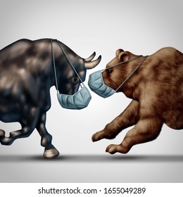 Stock market virus fear or bull and bear economic crisis and sick financial health as a business recession concept or metaphor for uncertainty in investing sentiment in a 3D illustration style.
