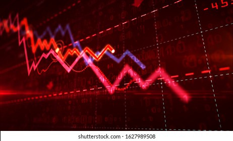 Stock Markets Down Chart On Grid Background. Abstract Concept Of Financial Stagnation, Recession, Crisis, Business Crash And Economic Collapse. Downward Trend 3d Illustration.