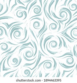 Stock seamless pattern. Waves or water splashes. Abstract texture from blue brush strokes on white background. Texture for wrapping paper or fabric