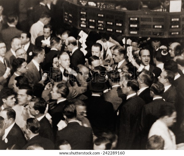 Stock traders on the floor of the New York Stock\
Exchange in 1936.