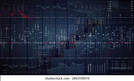 Stock trading terminal.Abstract Stock exchange market HUD.Quotes and index analysis. Business and marketing template.Graph and diagram.Equalizer.Indicators.2D graphic on 3D background.
